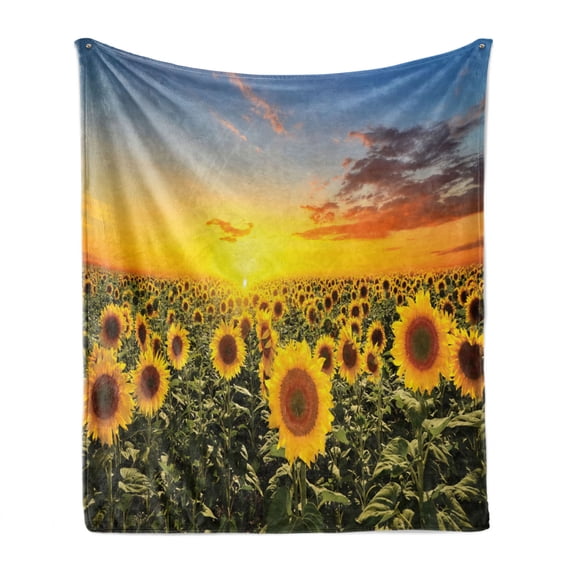 Mediterranean Soft Flannel Fleece Blanket, Sunflowers Field in Spring Sunset Habitat Scenery Nature Countryside Rural, Cozy Plush for Indoor and Outdoor Use, 70" x 90", Green Yellow, by Ambesonne