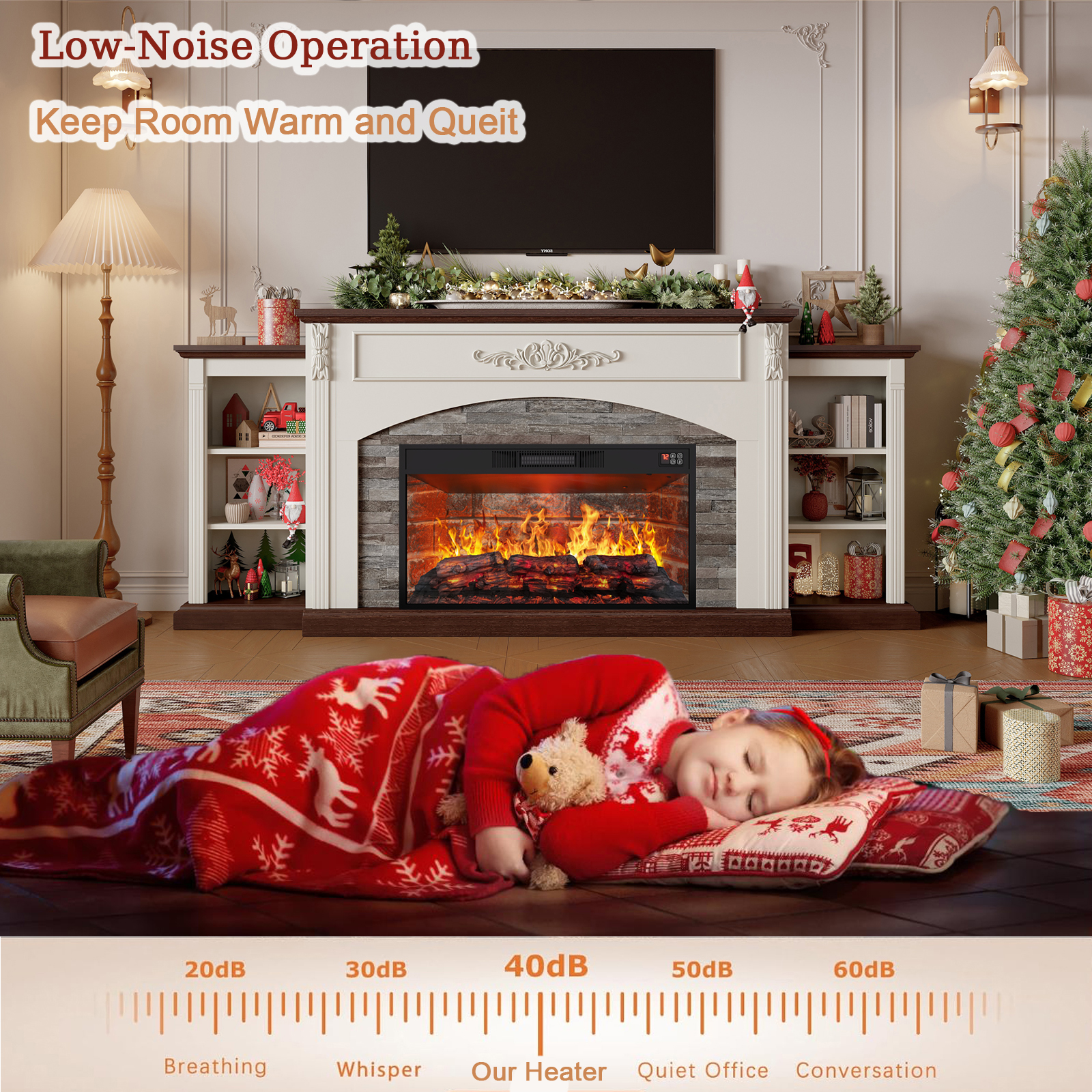 80" Electric Fireplace with Mantel, TV Stand for TVs Up to 90 Inch, Entertainment Center with Storage for Bedroom, 30'' Fireplace Insert Heater for Living Room