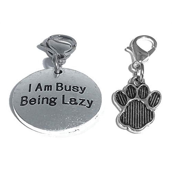 Hidden Hollow Beads Clip On Charm, Bag, Purse, Handbag, Message, Keychain, Zipper Pull, Bracelets, Necklaces, Jewelry (Pet Charm - I Am Busy Being Lazy)