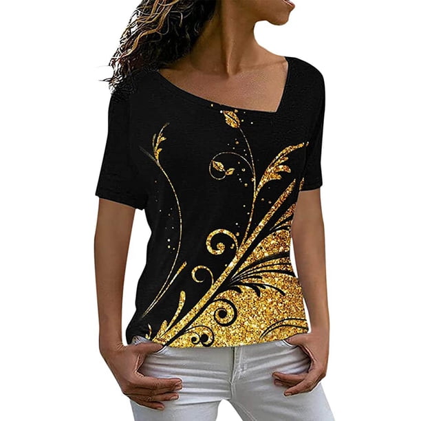 Moda mujer Casual pantalones cortos manga cuello sesgado impreso señoras Tops blusa Pompotops ulkah936805