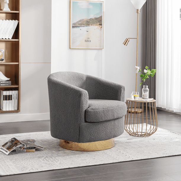 Swivel Accent Chair, Comfy Boucle Swivel Barrel Chair with Gold