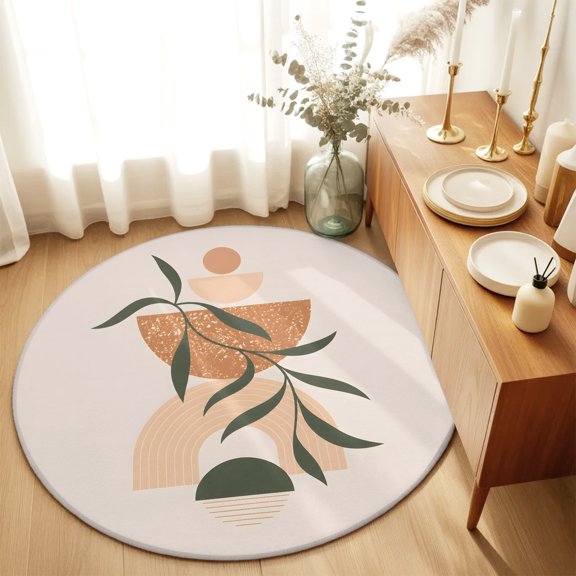 Round Rugs 6Ft, Boho Middle Century Round Area Rug Washable Indoor Throw Carpet, Modern Abstract Beige Boho Leaves Soft Non Slip Circle Rug for Office Cabinet Home Decor Aesthetic