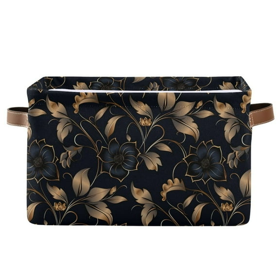 Gold Leaves and Elegant Flower Storage Bins with Handle Fabric Organizer Basket Foldable Box 1 Pack 14.2x10.2x8.3