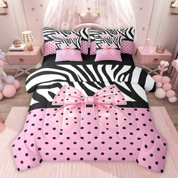 Homewish Polka Dots Bowknot Twin Bedding Sets 7-Piece for Kids Teens Boys Girls,Animal Zebra Print Bedding Comforter Set Microfiber,Dreamy Princess Breathable Sheet Sets,Microfiber Bedroom Decor