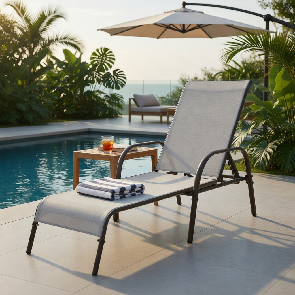 Hommoo Adjustable Folding Patio Chaise Lounge Chair, 5-Position Reclining Backrest, Weather-Resistant Fabric & Powder-Coated Steel Frame, Gray