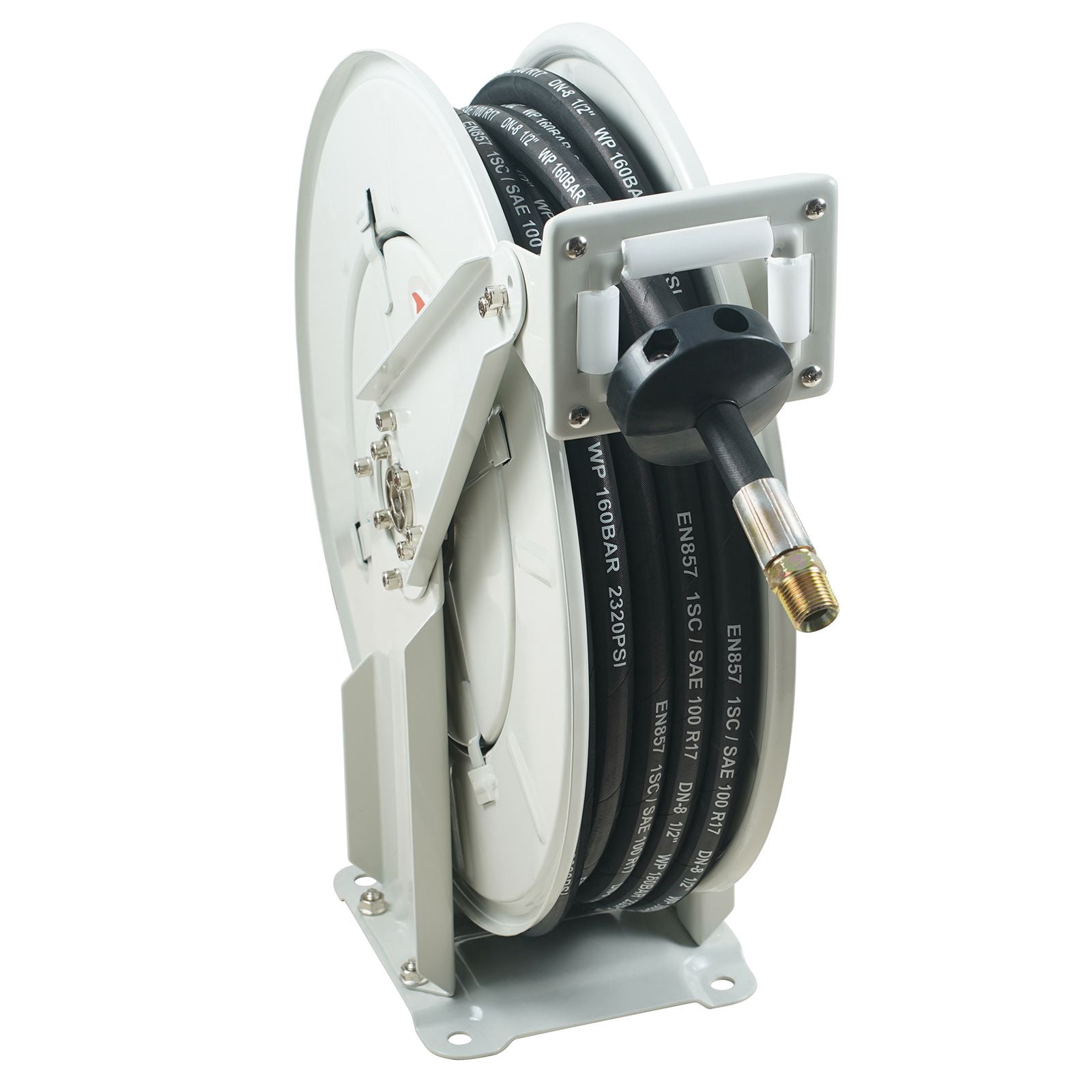 1/2" x 50' Extra Long Fuel Hose Reel, Spring-Driven Auto Rewind Swivel, Heavy-Duty Carbon Steel Construction, 2300 PSI Pressure Rating, for Auto Repair & Industrial Use