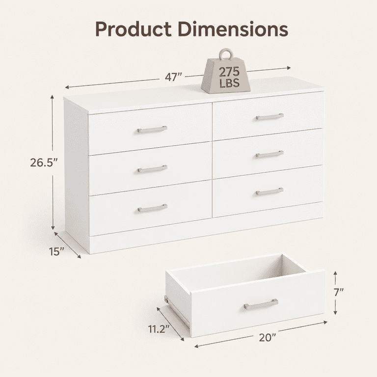 Lacoo 6 Drawer Dresser for Bedroom & Living Room, 47'' Double Dresser with Metal Handle, White