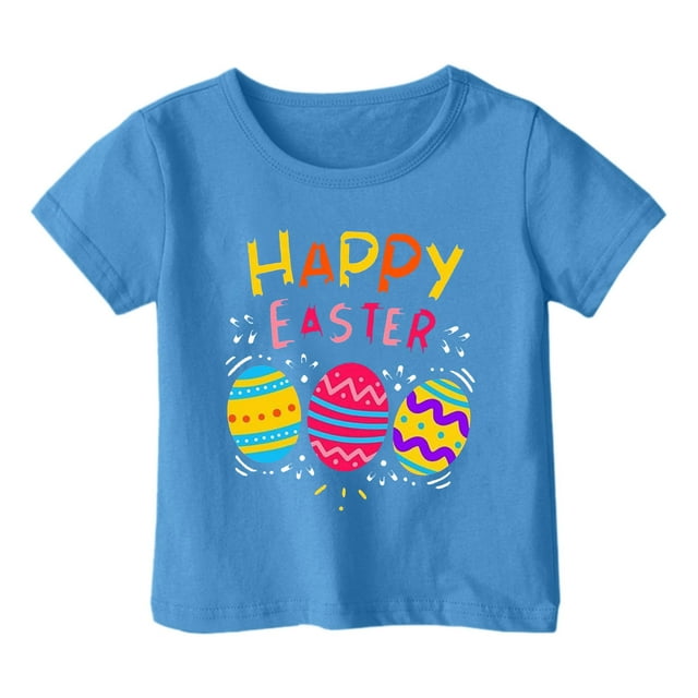 PMVFHDE Tenue de Pâques pour Filles T-Shirt Graphique de Pâques / Imprimé Lapin & Œuf Manches Courtes Col Rond / Tee-Shirt en Coton Doux pour Tout-Petit / Tenue Décontractée Printemps Été Bleu Ciel, 8-9 Ans