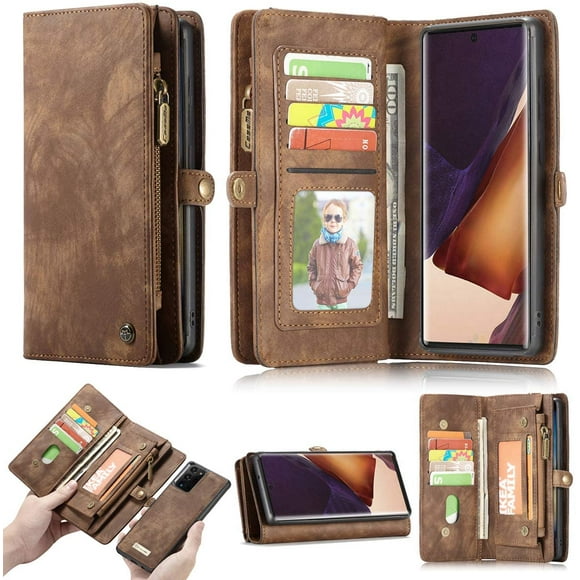 Samsung Note 20 Ultra Leather Wallet Detachable Zipper Case 11 Card Slots Holder Note 20 Ultra Flip Magnetic case Handle Wrist Strap Shockproof Pocket Handbag for Man Woman (Brown)