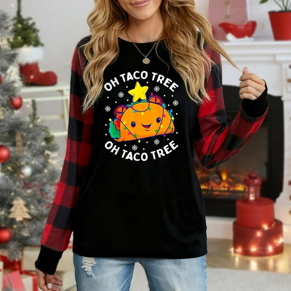 Women's Oh Taco Tree Christmas Graphic Long Sleeve Top, Plaid Sleeve Casual Sweatshirt For Holiday