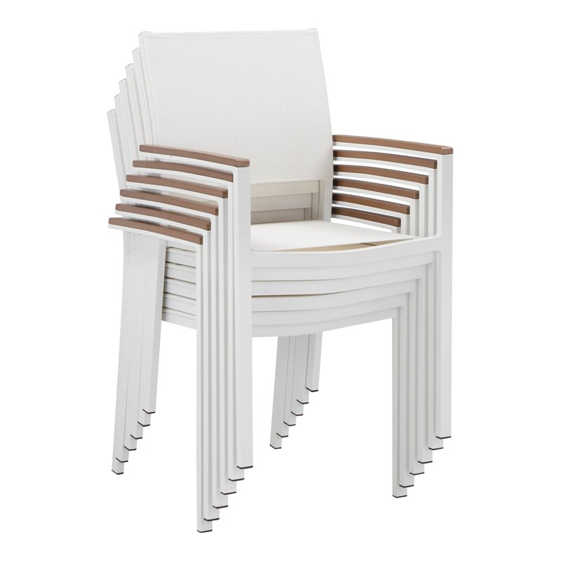 Pangea Home David Aluminum Patio Dining Char in White/Natural Teak (Set