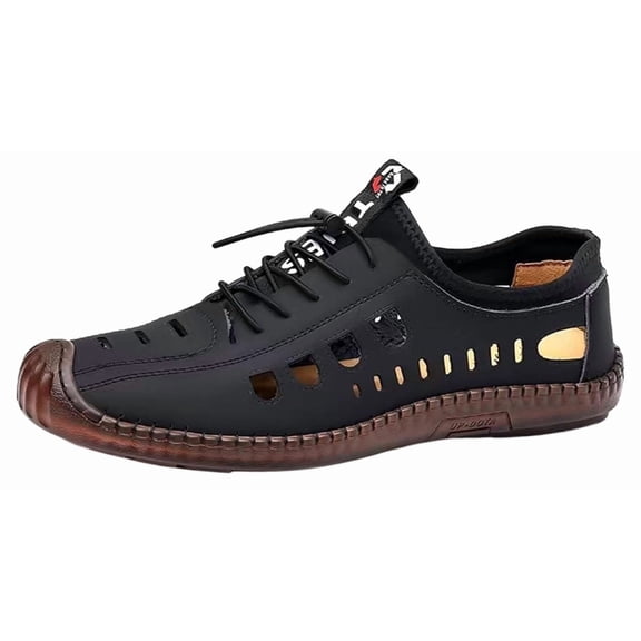 Lace-up Hollow Out Business Loafers for Men's Round top Low Top Leather Casual Sandal Shoes Slip On Flat Heel Soft Sole Oxfords