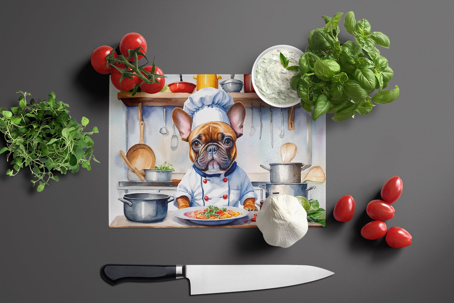 French Bulldog The Chef Glass Cutting Board 12 in x 15 in