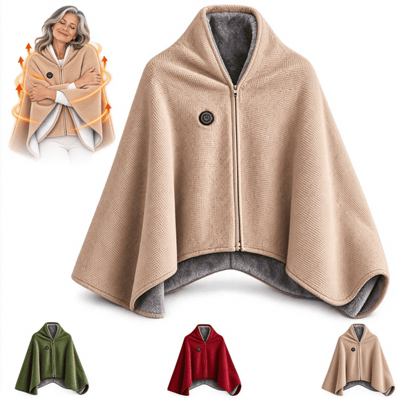 Heated Shawl Wraps for Women, USB Powered Wearable Heated Blanket with Zipper, 3 Heat Levels, Soft Double Layer Cape for Home Office Travel Winter Gift
