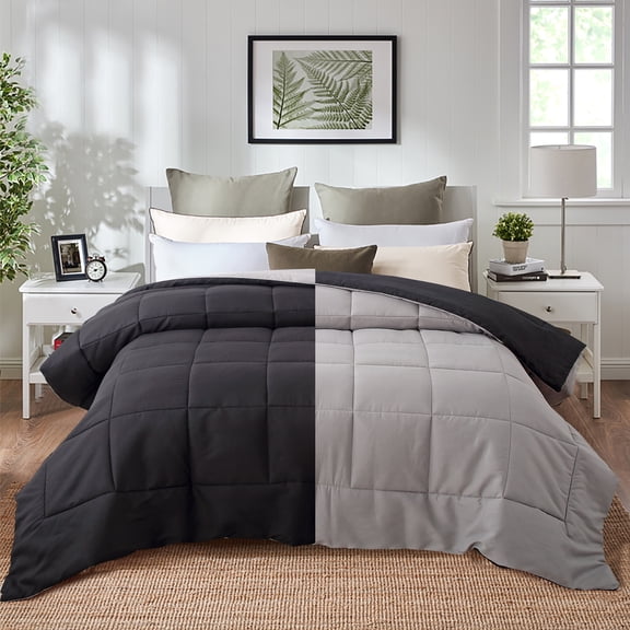 Evolive All Season Pre Washed Soft Microfiber Down Alternative Reversible Comforter with Box Stitching(Black/Grey，Queen）