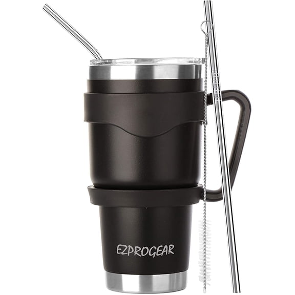 Ezprogear 30 oz Stainless Steel Tumbler Double Wall Travel Cup Vacuum Insulated Coffee Mug with Handle & Straws (Black)