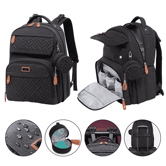 BabbleRoo Diaper Bag Backpack, Travel Backpack, Pacifier Case & Stroller Straps, Multifunction, Waterproof, Unisex – Black