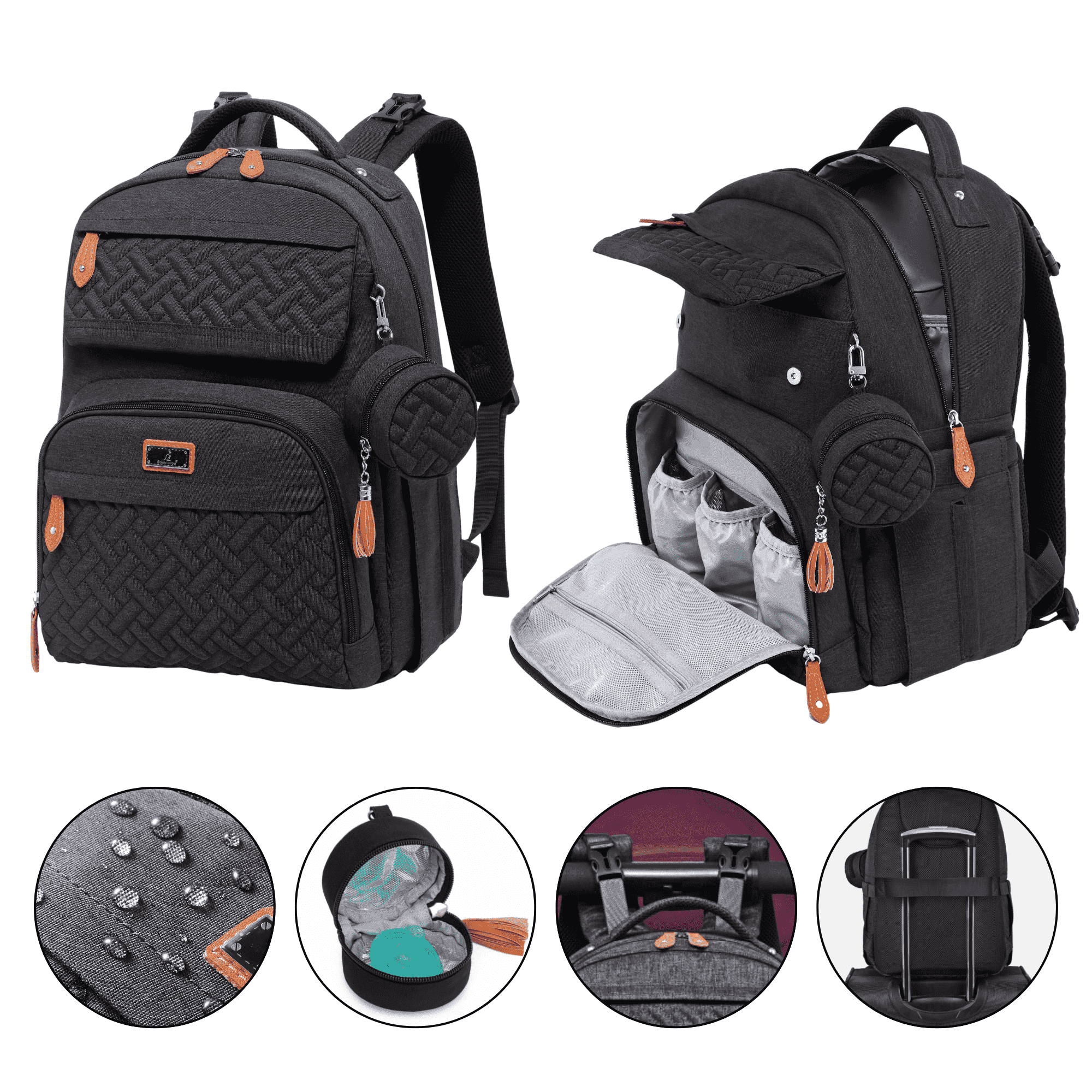 BabbleRoo Diaper Bag Backpack, Travel Backpack, Pacifier Case & Stroller Straps, Multifunction, Waterproof, Unisex – Black