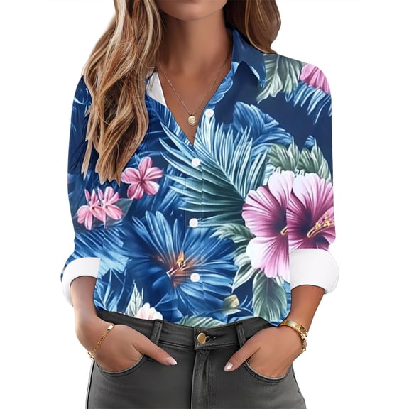 NuoCaiYun Women Shirts, Women'S Casual Fashion Hawaiian Print Single-Breasted Long-Sleeve Shirt with Lapel Collar