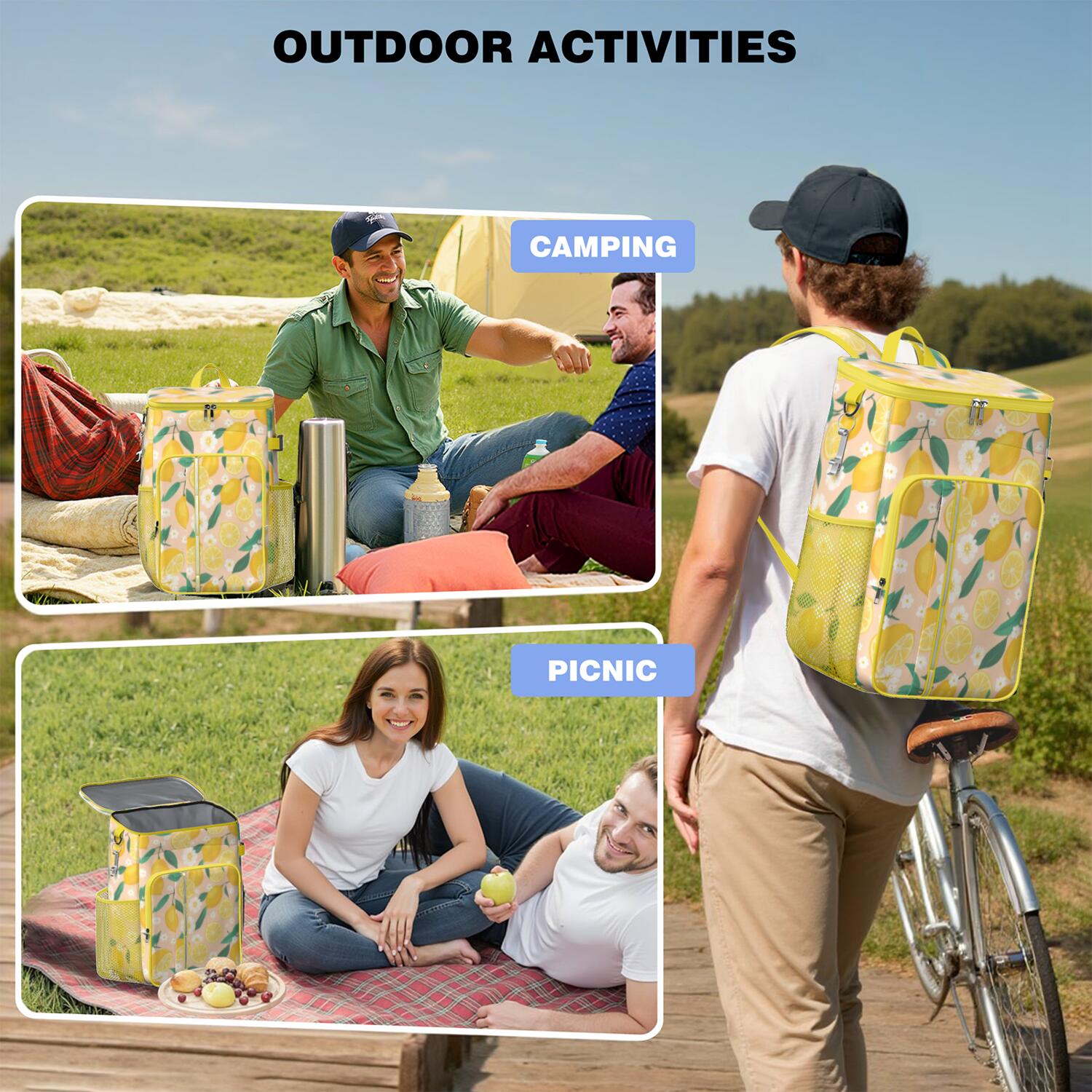 Travel Cooler Bag - Lemon Camping Beer Cooler Backpack with Bottle Opener- Waterproof Insulated Picnic Backpacks - Cooler Bag for Beach