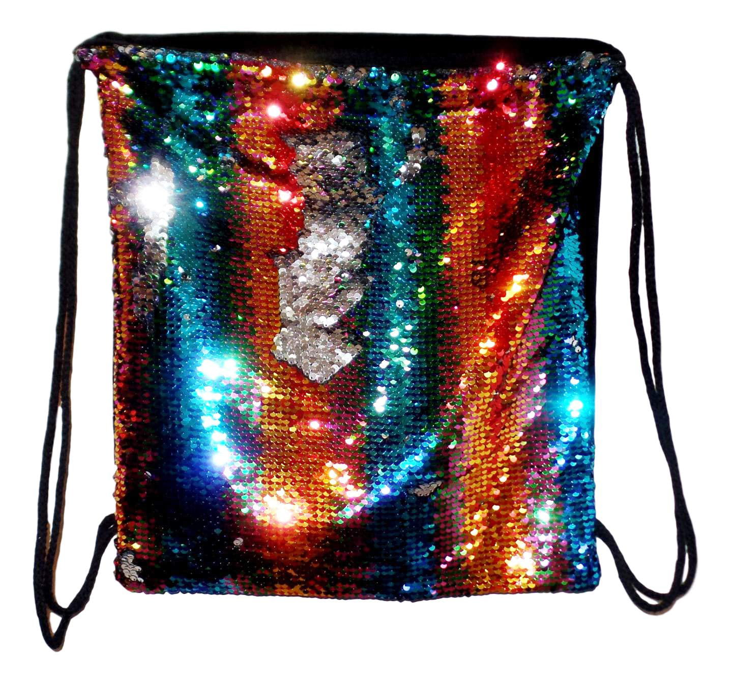 TEAL BLUE MERMAID TAIL Flip Sequin Backpack Drawstring Glitter Bag For School Gym Dance Hiking Beach Travel and More 