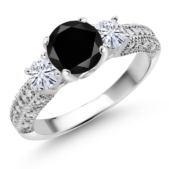 Gem Stone King 925 Sterling Silver Black Diamond and White Moissanite Engagement Ring for Women (2.34 Cttw, Gemstone April Birthstone, Round 7MM and 4MM, Size 6)