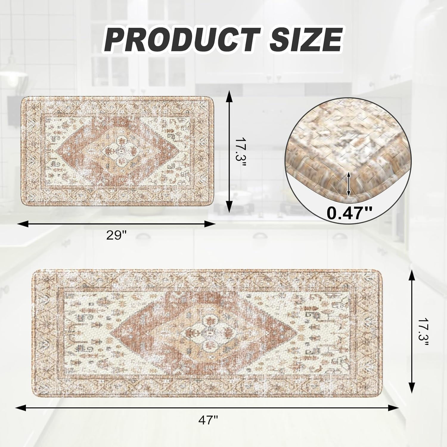 Farmhouse Kitchen Mats,Anti Fatigue Kitchen Rugs Sets of 2, Non Slip Waterproof Kitchen Floor Mats, Ergonomic Cushioned Comfort Standing Mat for Laundry, Office, Sink,Desk,Mutil-Khaki