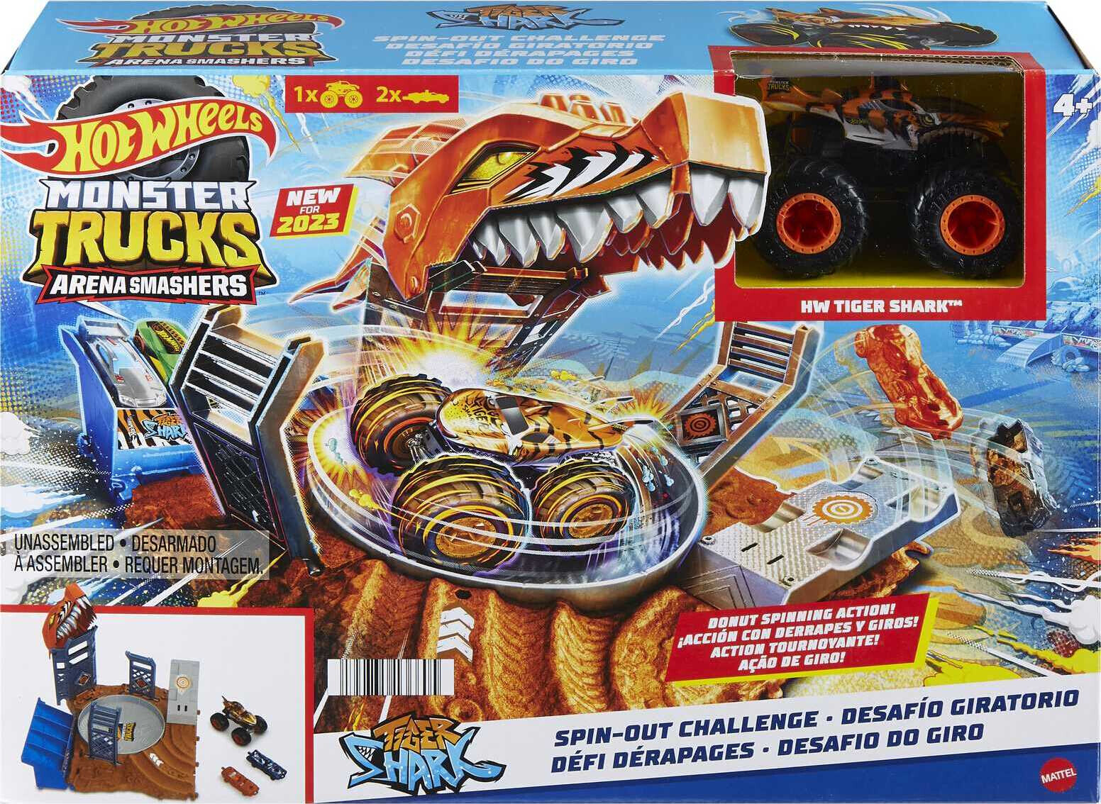 Hot Wheels Monster Trucks Arena Smashers Tiger Shark Spin-Out Challenge  with 1 Toy Truck