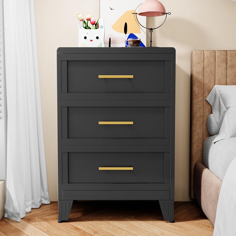black corner dresser Metal Small for Bedroom, Dressers & Chest of Drawers, 3 Drawer Dresser with Curved Corner, Storage Cabinet for Living Room, Entryway, Home Office (Black, 23.62