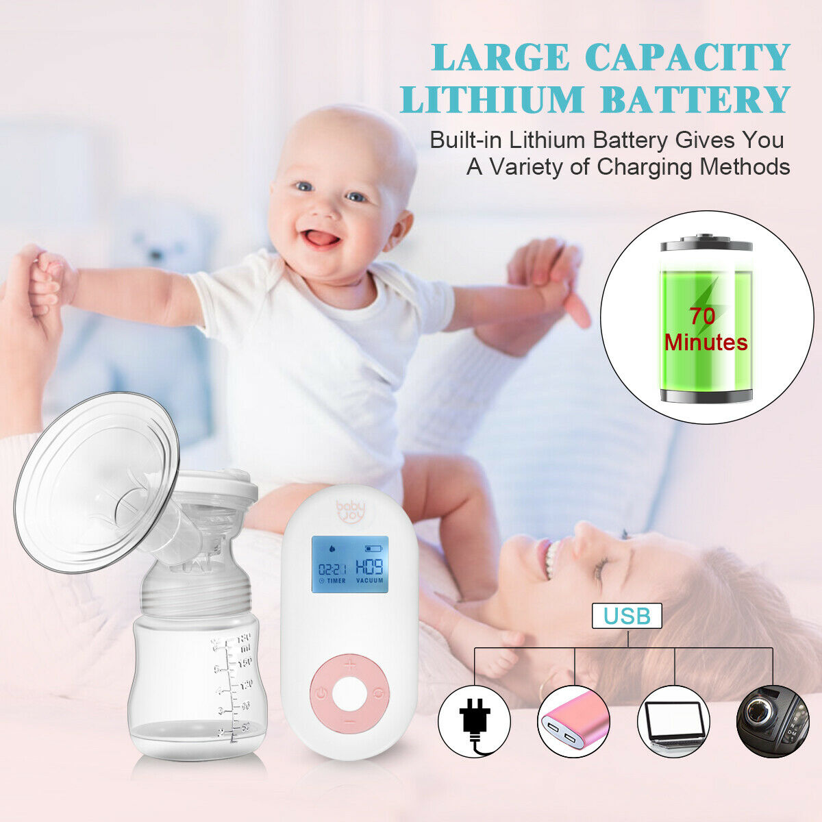 Costway Electric Double Breast Pump, Breast Pump, Portable Dual Suction Nursing Breastfeeding Pump - image 3 of 10