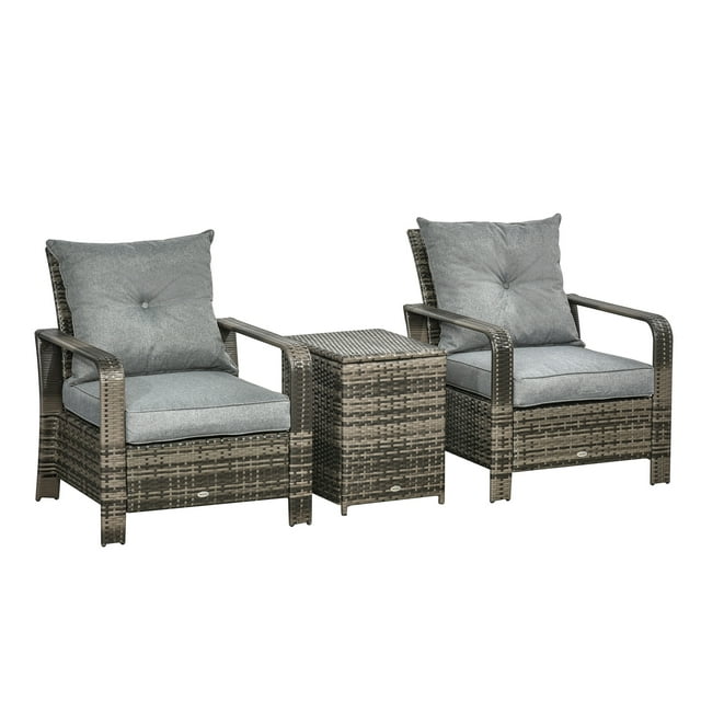 CoSoTower 3 Pieces Wicker Patio Furniture Set, Rattan Bistro Set with Storage Coffee Table and Thickened Cushions, Outdoor Conversation Set for Garden, Porch, Balcony, Grey