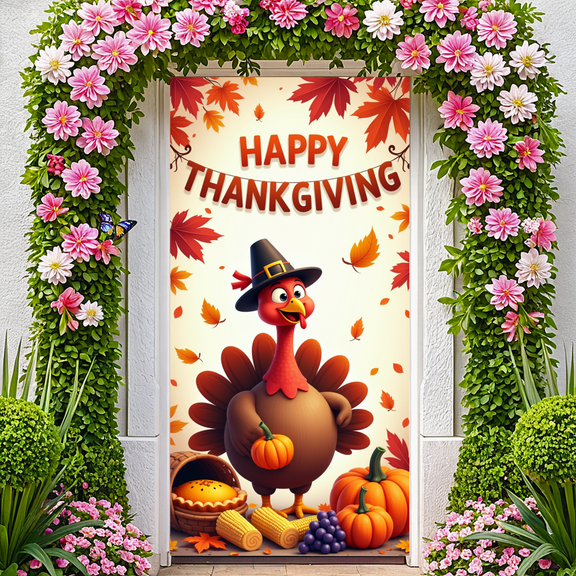 Decorative Design Thanksgiving Banner Cartoon Turkey Autumn Decor Fall Leaves for Thanksgiving Celebration Holiday Event Family Gathering