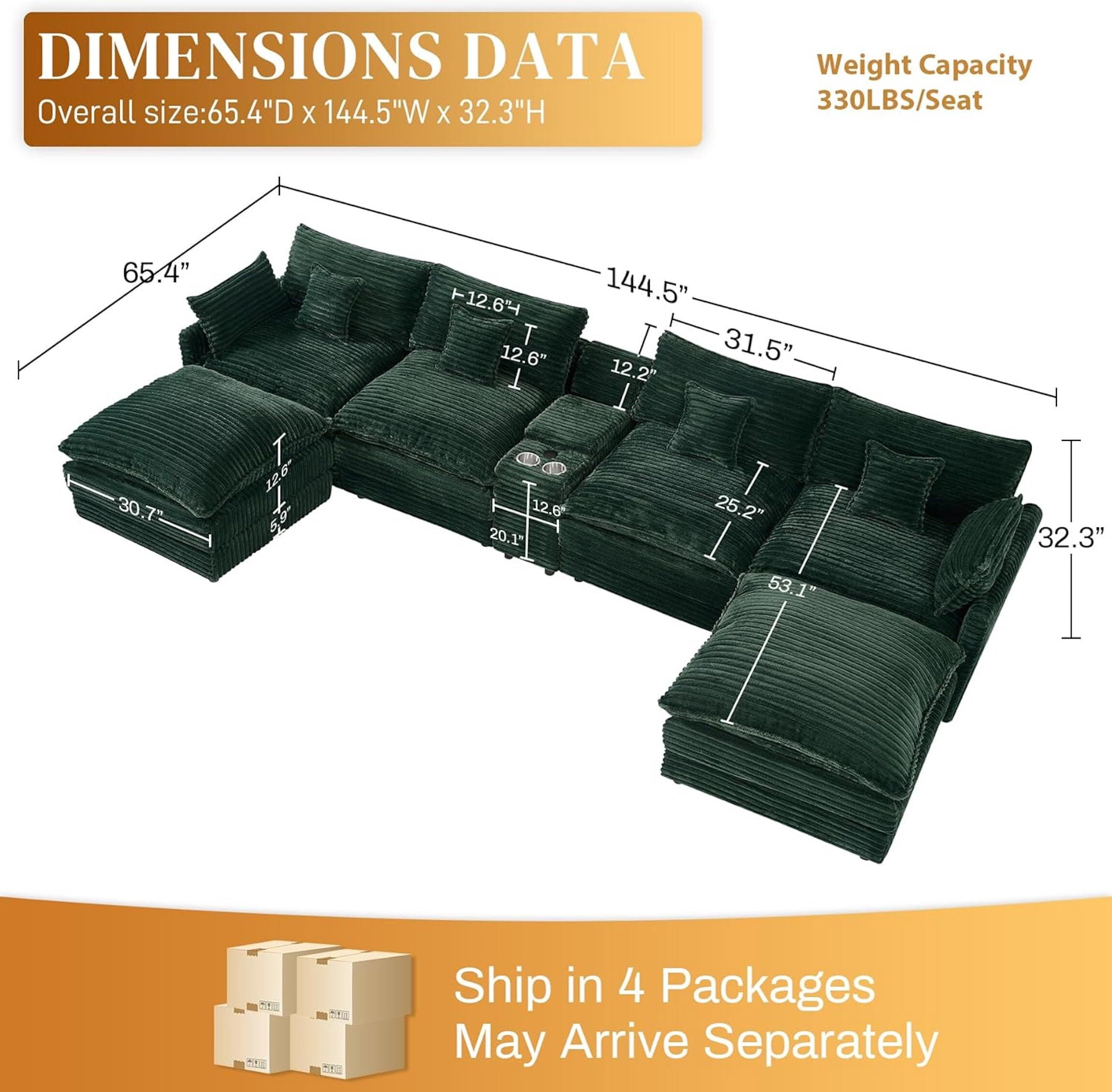 Vinform 145" U Shaped Cloud Couch Sectional with USB Charging, Hidden Storage, Cup Holders & Double Chaise, Green