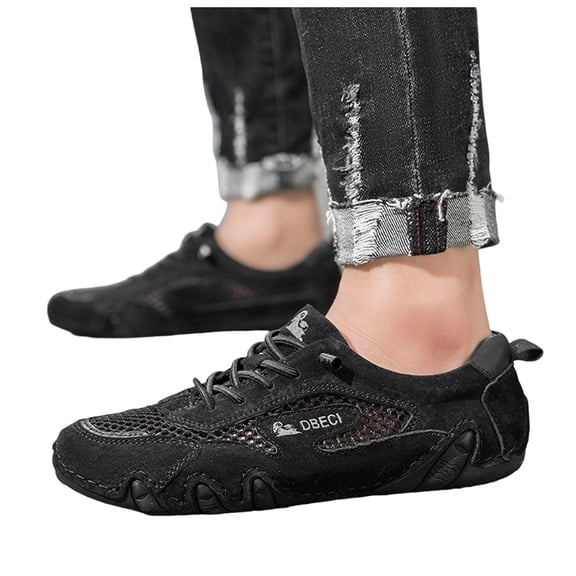 Rokment Men's Hiking Running Shoes Breathable Mesh Leather Patchwork Slip on Walking Tennis Flat Outdoor Climbing Trekking Fashion Sneakers