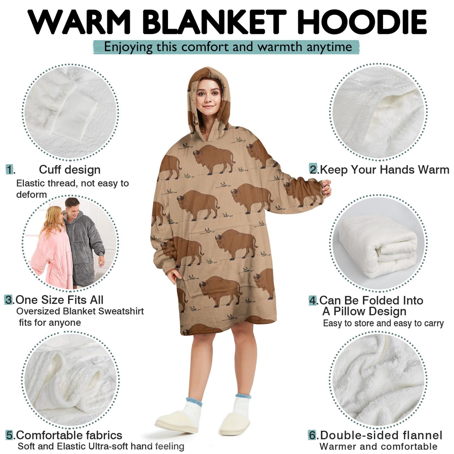 Brown Buffalo Pattern Wearable Oversized Blanket,Wearable Blanket Hoodie for Adults,Cozy Hooded Blankets with Super Pockets,Super Warm Fuzzy Pullover for Women & Men