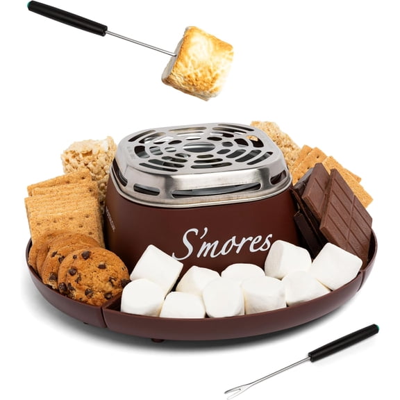 Visualz Tabletop Indoor Electric S'mores Maker - Smores Kit With Marshmallow Roasting Sticks and 4 Trays for Graham Crackers, Chocolate, and Marshmallows - Movie Night Supplies - Brown