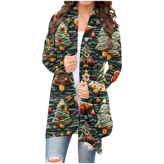 LOVZFMLL Cardigan pour Femmes Cardigan d'Hiver Imprimé de Noël Ample Décontracté à Manches Longues