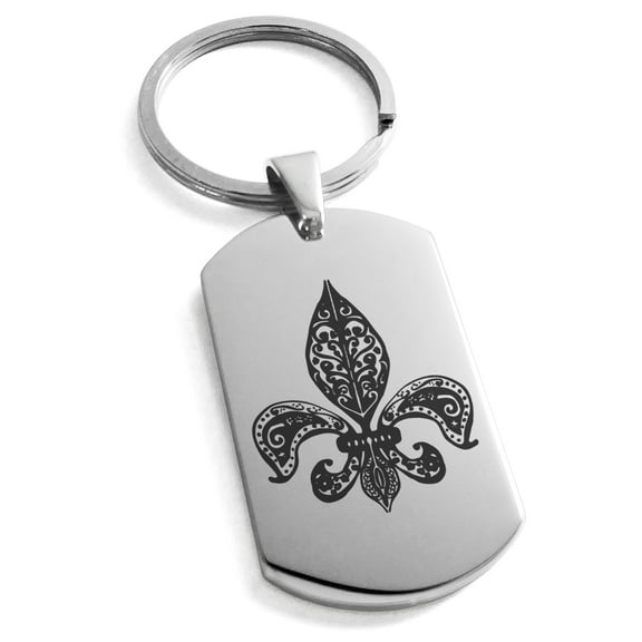 Stainless Steel Paisley Fleur De Lis Engraved Dog Tag Keychain Keyring