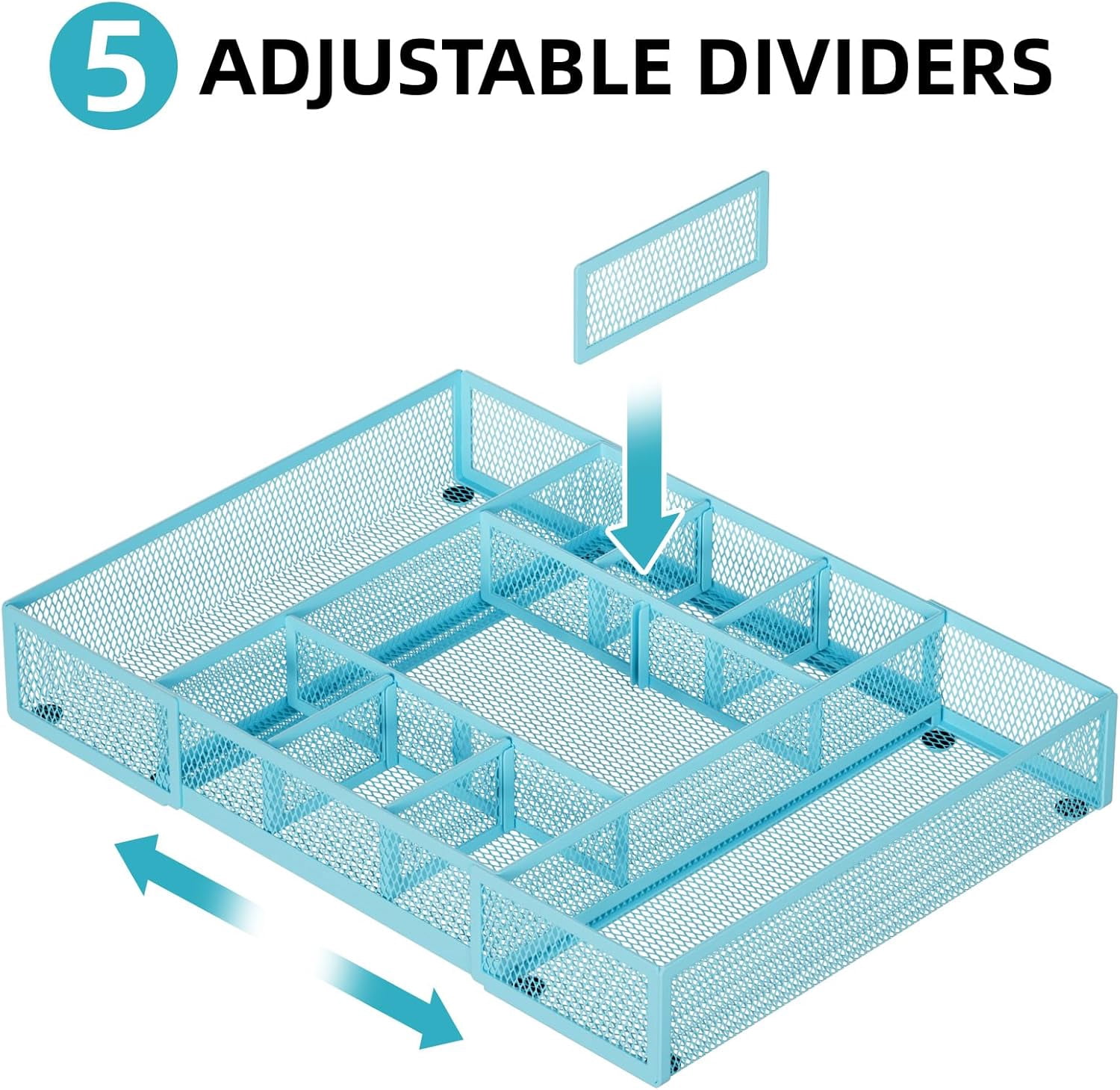 Expandable Desk Drawer Organizer, Mesh Drawer Organizer Tray with 10 Adjustable Compartments, Desk Organizers and Accessories for Office Supplies, Makeup & Vanity (Expandable-Blue 2 pack)