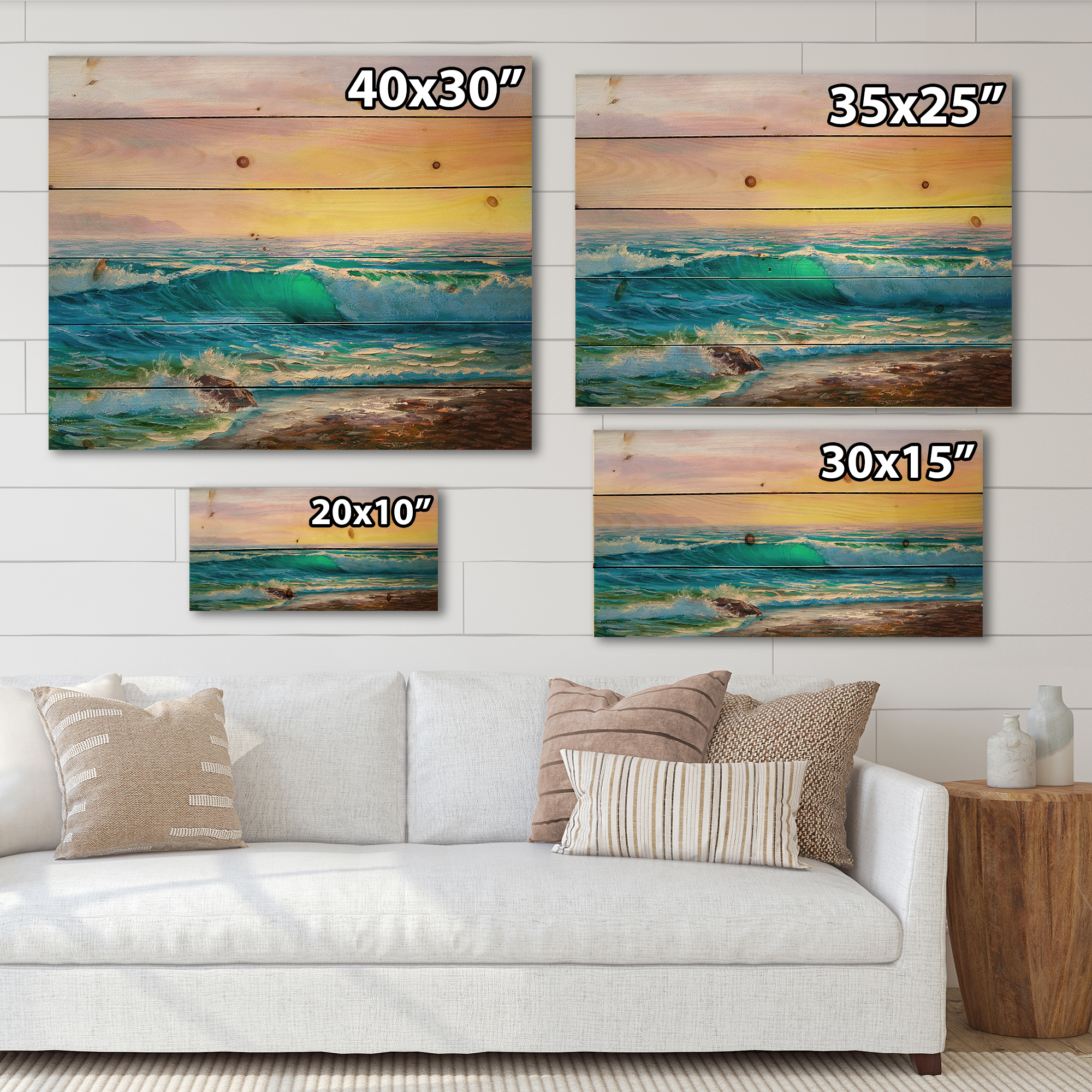 Designart 'Blue Waves Breaking At The Beach Landscape IV' Nautical & Coastal Print on Natural Pine Wood