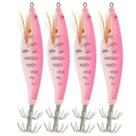 Sarapandan 4Pcs Artificial Simulation ABS Fishing Lure Bait Dual Squid Hook with Luminous Stick Slotpink Sarapandan