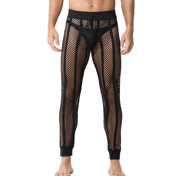 XFLWAM Men's Mesh Fishnet Pants Sexy See Through Leggings Drawstring Striped Workout Sweatpants Black S