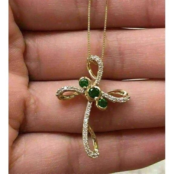 1.50Ct Round Cut Simulated Green Emerald Women's Fancy Cross Pendant Necklace 18" Box Chain 14k Yellow Gold Plated 925 Silver