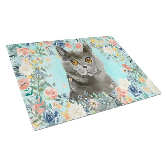 Carolines Treasures CK3392LCB British Shorthair Spring Flowers Glass Cutting Board Large, 12H x 16W, multicolor
