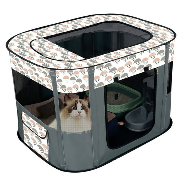 Casa plegable para gatos con tragaluz extraíble y transpirable, corral para perros y mascotas (90 x 70 x 60 cm, gris)