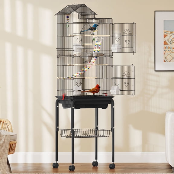 Uforic 62" Large Metal Bird cage with Rolling Stand, Slide-Out Tray,3 Perches and 4 Feeders, Black