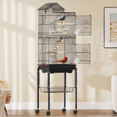 Uforic 62" Large Metal Bird cage with Rolling Stand, Slide-Out Tray,3 Perches and 4 Feeders, Black