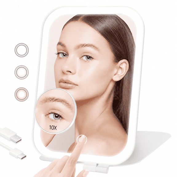 Rechargeable Travel Makeup Mirror with Lights, Portable Vanity Mirror with 3 Color LED Lighting, 1X/10X Magnification, Touch Dimming, Girls