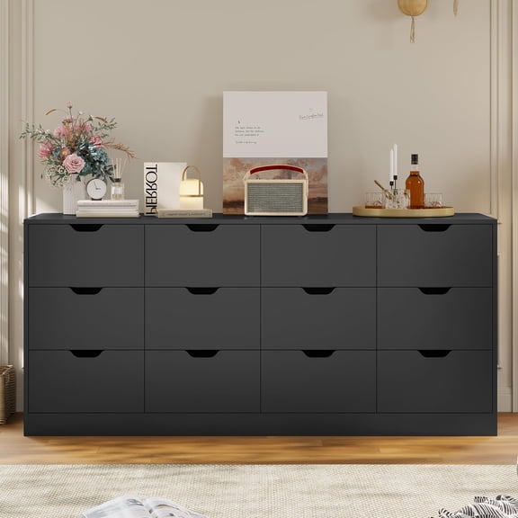Plonmago 12 Drawer Double Dresser for Bedroom, 63" Wide Chest of Drawers for Bedroom,Long Modern Dressers with Drawers for Living Room, Hallway,Black