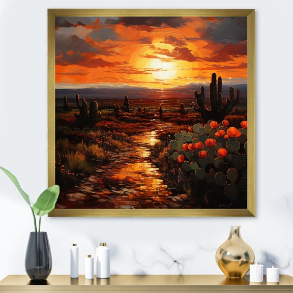 Designart "Sunset Desert Dreams Cactus Scenery" Landscapes Framed Wall Art Decor - Global Yellow Desert Entryway Framed Wall Art